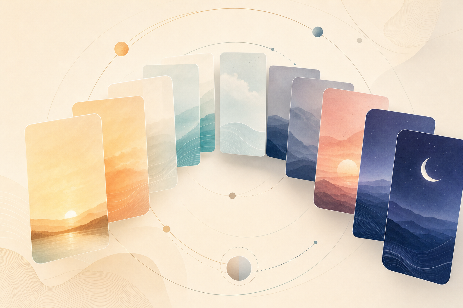 Five circadian energy zones illustrated as landscape cards fanning across a circular arc — from dawn to midnight