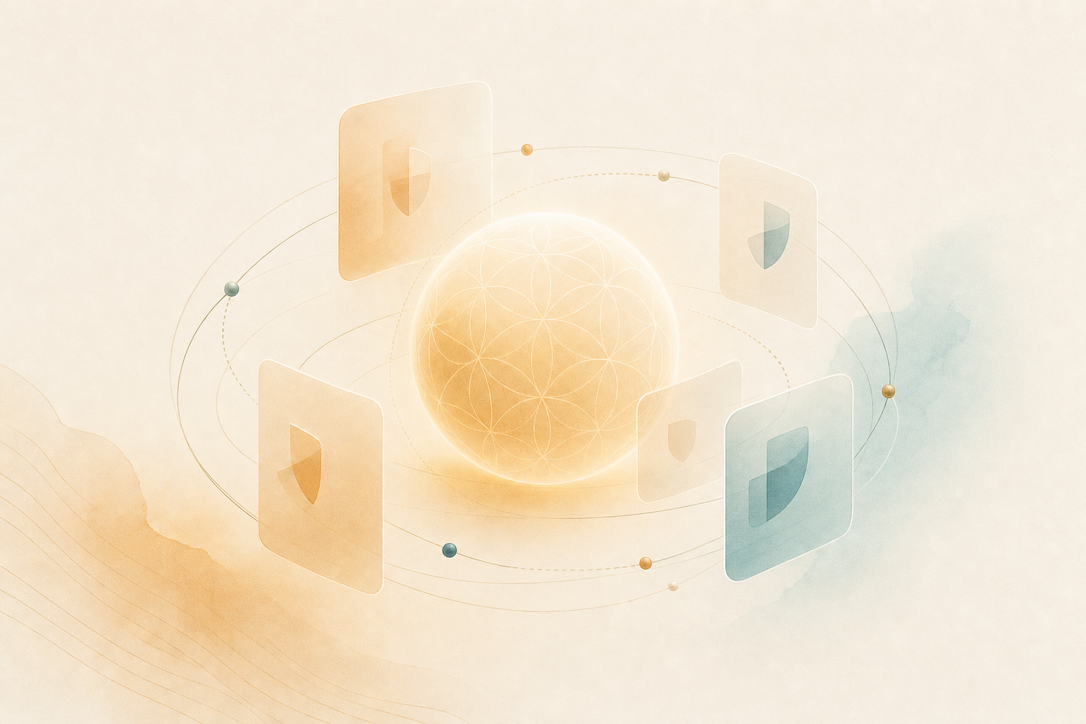 Offline-first privacy architecture illustrated as floating geometric panels orbiting a central luminous sphere
